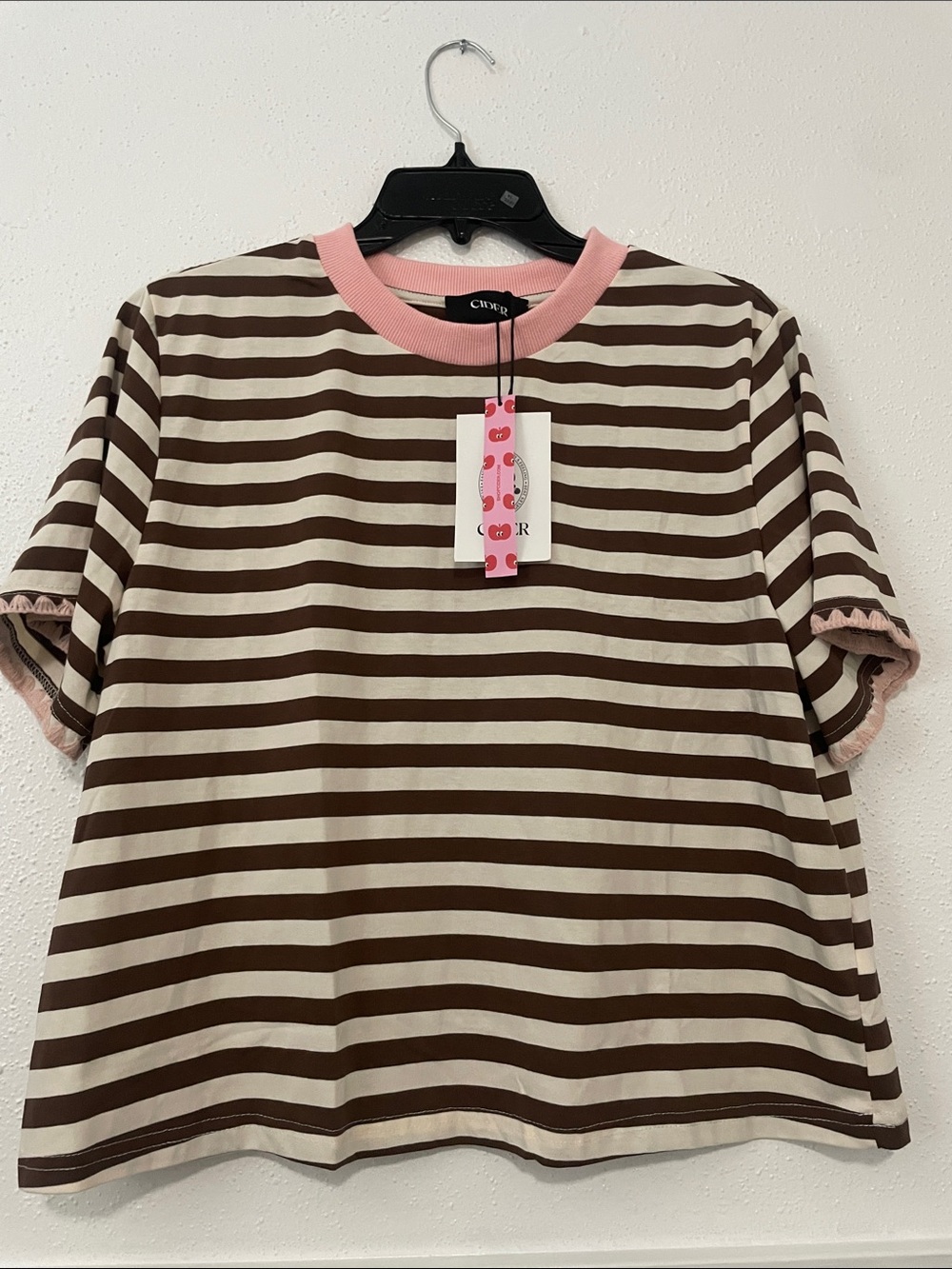 Cider Brown and Cream Striped Short Sleeve Tee with Pink Trim